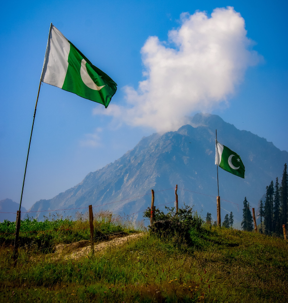Pakistan flags on a mountain
